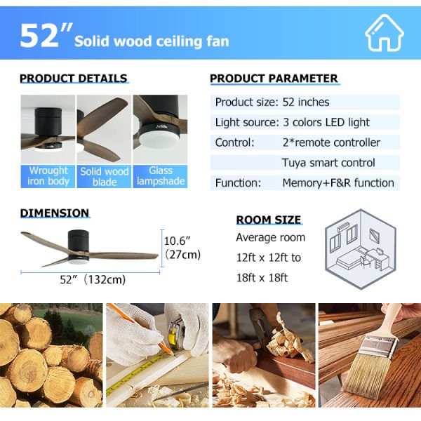 Modern Design Home Office 52 polegadas de lâmina de madeira Dimmable LED ventilador de teto com controle remoto