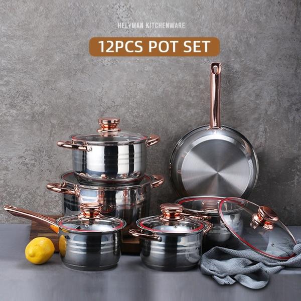 New Product 12 PCS 201 Stainless Steel Pan And Pot Nonstick Cookware Sets With Stainless Steel Handle