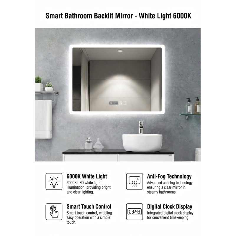 Kingstin Frameless LED Backlit Bathroom Mirror Smart Anti-Fog Human Induction Body Sensor Time Display Touch Switch Mirror