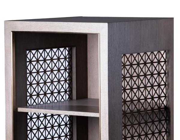 Quarter Cut Oak Wood Veneer With Metal Mesh Side Panel Fridge Cabinet Dry Bar Unit