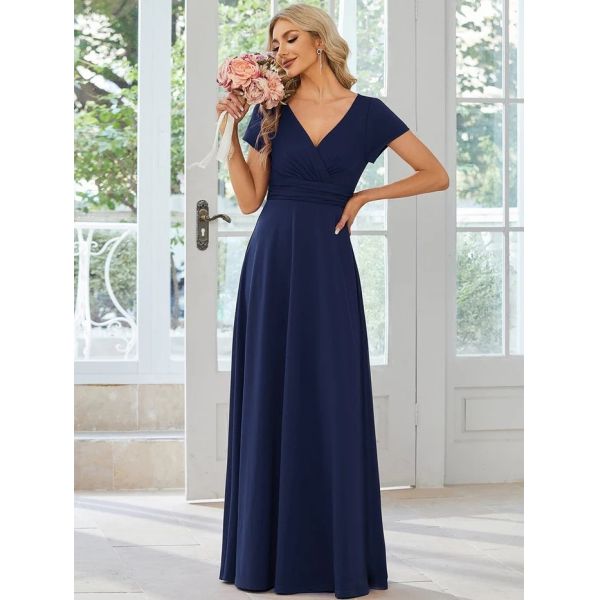 Sexy Custom Size V-neck Simple Pleated Empire Waist A-line Short Sleeve Dusty Rose Satin Evening Dress