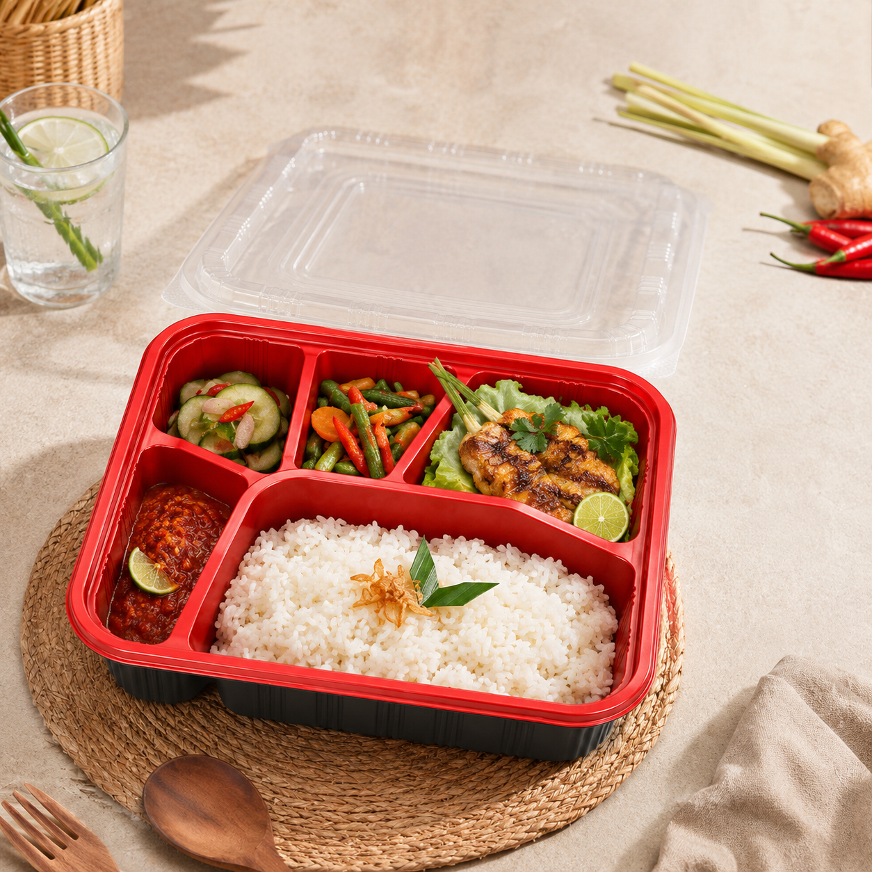 Clear Lid Five Compartment Trays  PP Bento Tray for Balanced Meals Catering