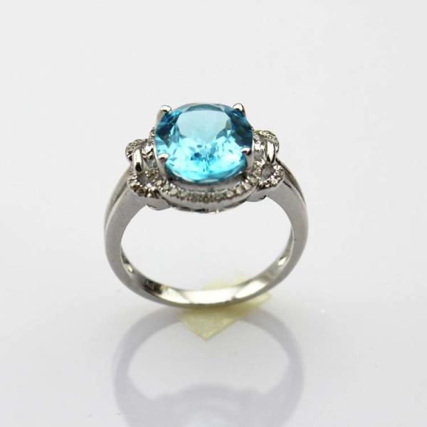 925 Silver Oval Blue Topaz Gemstone  Ring with CZ Diamons (R261)