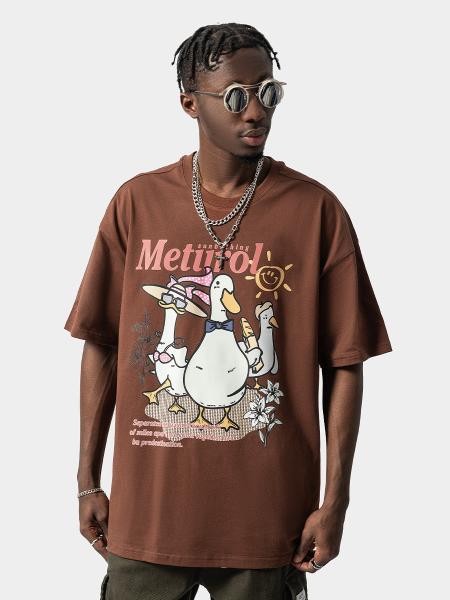 Moda Euramericana Patinho Impressão de Algodão T-Shirt de Grande Tamanho Manga Curta Streetstyle masculino