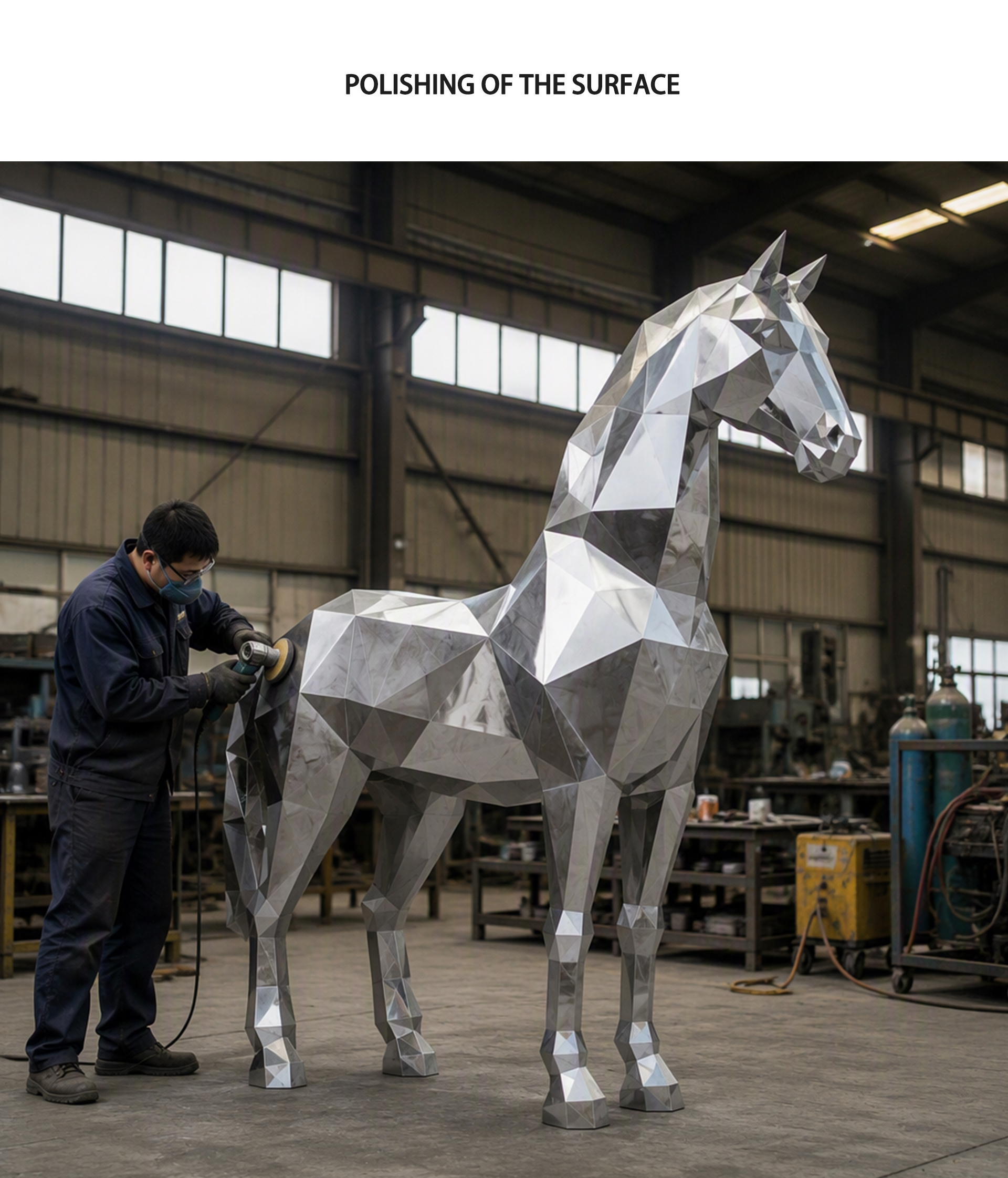 Large Mirror Stainless Steel Geometric Faceted Horse Sculpture for Corporate Plaza & Office Building Landscape