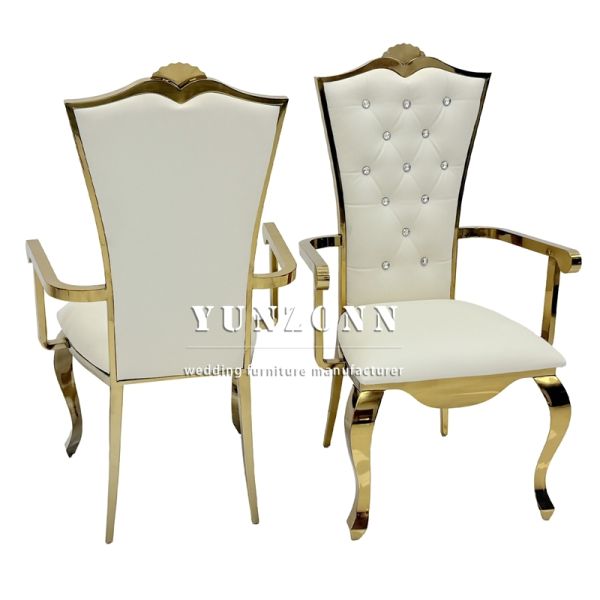 Manufactured White High Back Golden Rental Stainless Steel Hotel Banquet Event Wedding Couple Arm Chairs