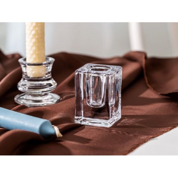 Mini Square Glass Taper Candle Holder Crystal Clear 4 X 4 X 6cm