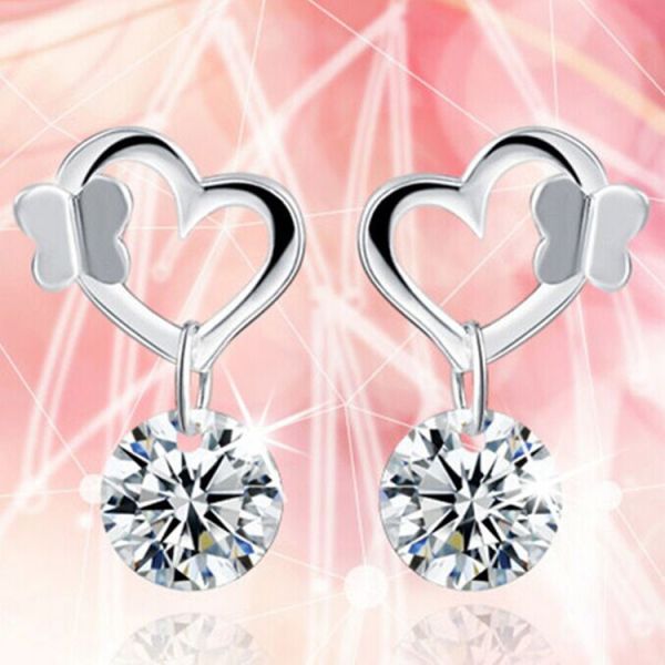 Fashion Silver Plated Heart Stud Earrings with Cubic Zircon (EESTUD04)