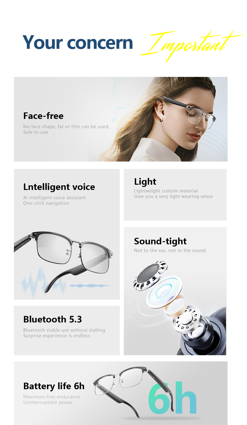 Черное серебро BT 5.3 Ультралегкие умные беспроводные очки Bluetooth для прослушивания музыки