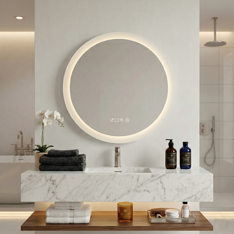 Kingstin Smart Round LED Bathroom Mirror Anti-Fog Dimmable 3-Color Light Frameless Vanity Wall Mirror