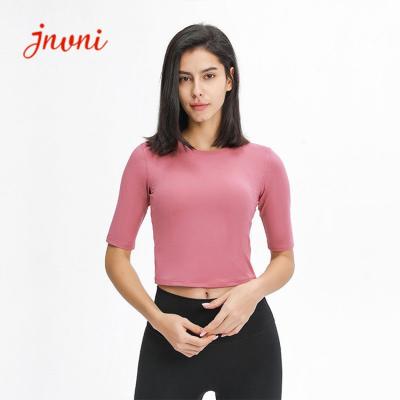 Parte superior apta magro da colheita da aptidão do Gym da camisa 150gsm da luva t da ioga macia amanteigada das mulheres meia