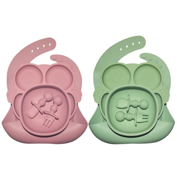 6 Pcs Silicone Baby Feeding Plates With Cup Bib Bowl Fork Spoon Nontoxic Food Tray Dishes