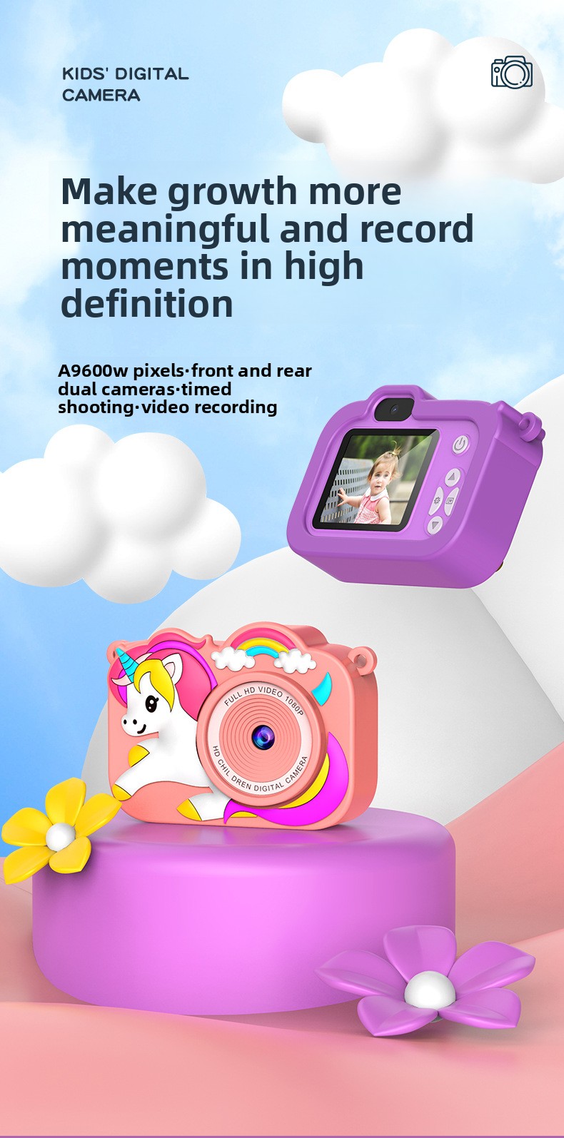 Feitianma 2.0 Inch Screen 1080P HD Dual-lens Children's Camera with Unicorn Graphic Design Children's Toy Gift