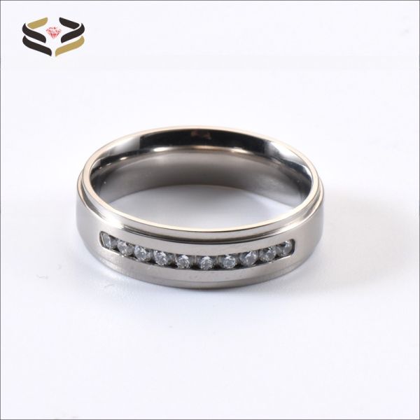 Main Stone Rhinestone Titanium Wedding Ring 6MM Silver CZ Stone Inlayed