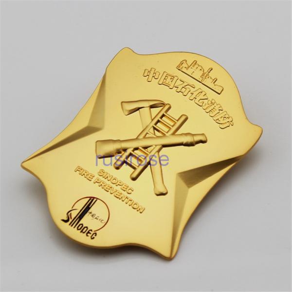 Fire safety reward badge made to order, matte gold metal badges made to order, fire brigade badges