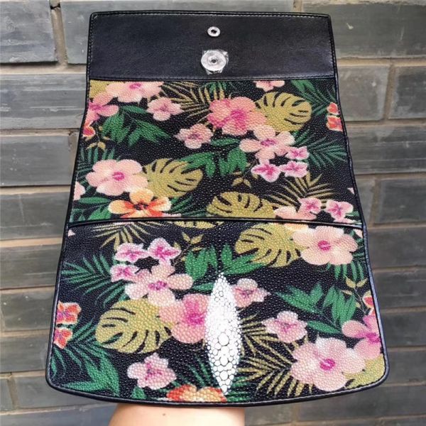 Authentic Stingray Skin Female Long  Flower Trifold Wallet Genuine Leather Lady Large Clutch Bag Women Floral Coin Purse