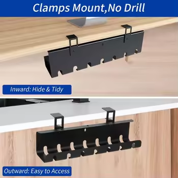 2 Pack No-Drill Carbon Steel Black Powder Coated Cable Organizer for Desk Cable Management