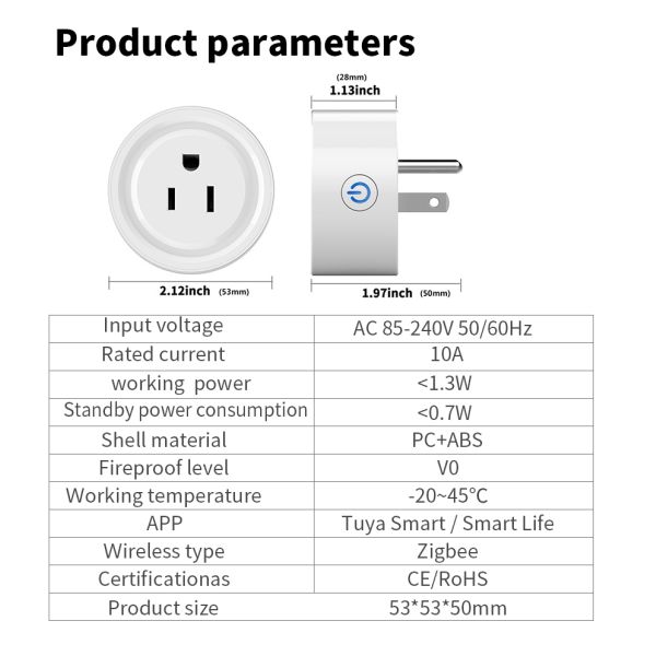 ZigBee 3.0 Smart Plug with 10A Max Load and Repeater Function for Tuya Hub