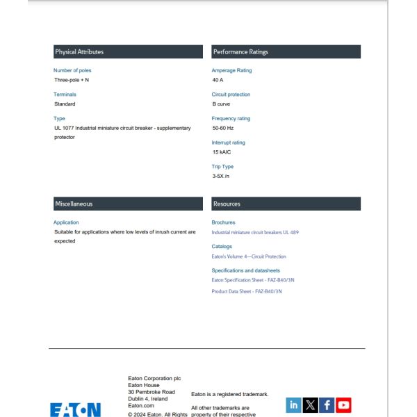 Eaton - Cutler Hammer FAZ-B40/3N FAZ UL 1077 SUPPLEMENTARY PROTECTOR 3P 40A B CURVE