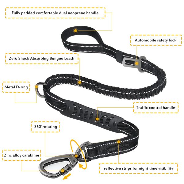 Shock Absorbing Bungee Nylon Dog Leash 2 Padded Traffic Handle Training Pet