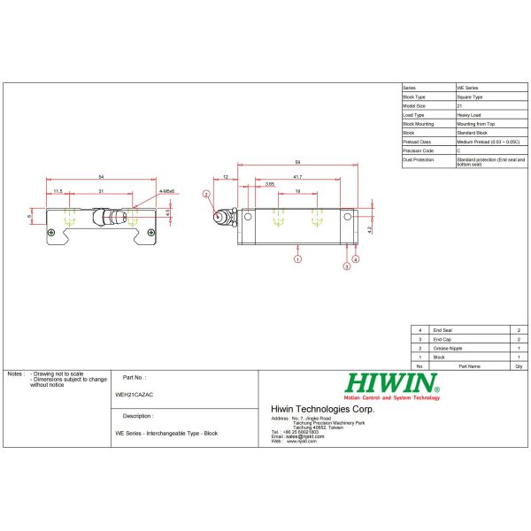 WEH21CA HIWIN Linear Guide 21mm Width Adjustable Conveyor Guide Rails