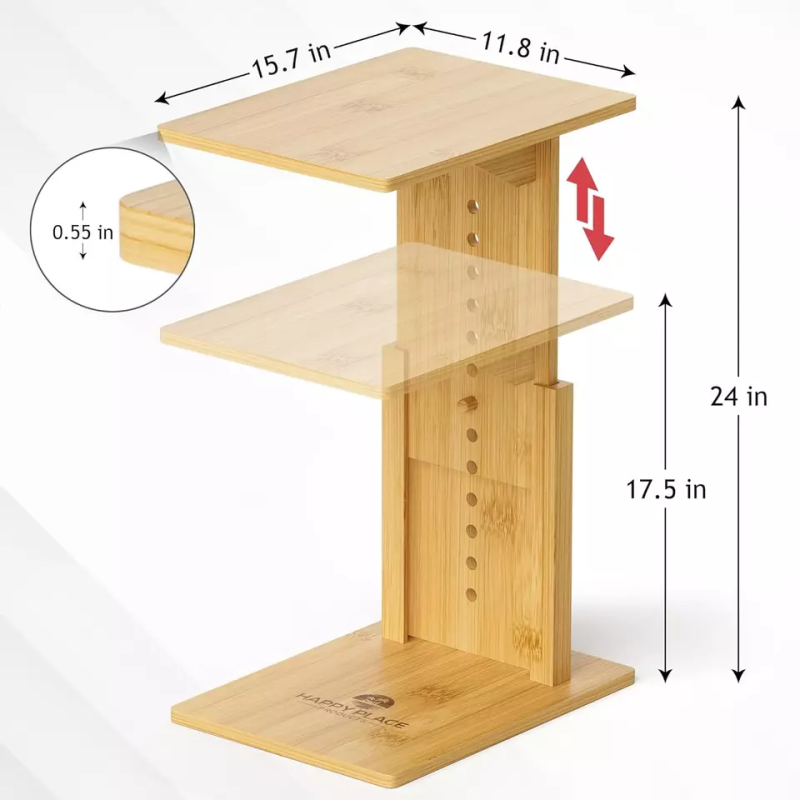 Adjustable Rectangle Bamboo C Shaped Side Table for Wooden Coffee Table Behind Sofa