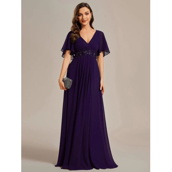 Charming Empire Applique A-line Short Flutter Sleeves V-neck Invisible Zipper Mint Green Chiffon Evening Dress