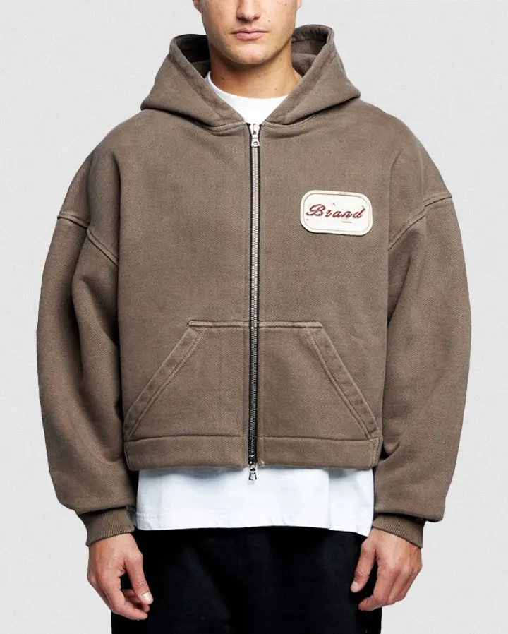 Custom Logo Patch Applique Embroidery Heavyweight 600 gsm Hoodie Baggy Boxy Cropped Acid Wash Double Zipper Hoodie