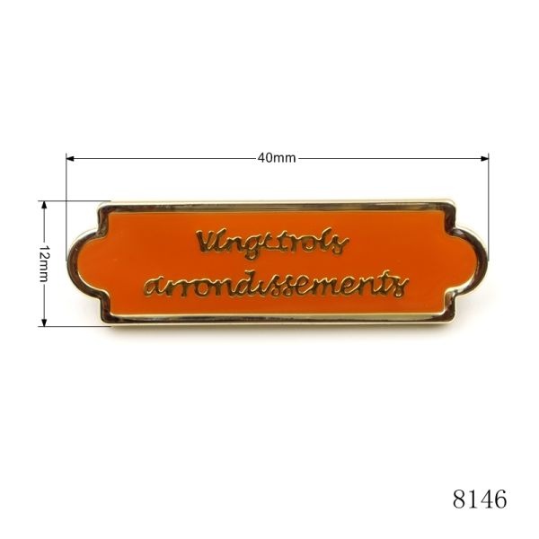 Gold Plated Zinc Alloy Orange Enamel Metal Tag Custom Metal Logo Plate with Iron Prong Feet