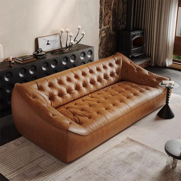 Vintage Brown Leather Couch Set Pine Wood Frame Leisure Sofa Sectional for Villa