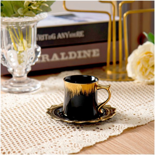 90ml Volume Luxury Ceramic Cup Saucer Set Coffee And Tea 6 Pcs Retro Design Style