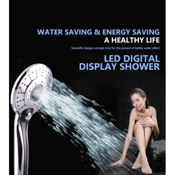 Plastic LED Digital Display Temperature Control Bathroom Rainfall LED Handheld Shower Head