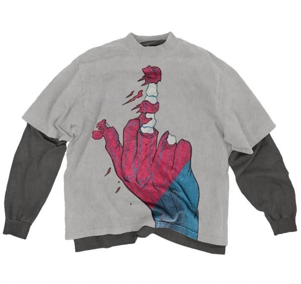 O-Neck Collar Double Layered Long Sleeve T-Shirt para Unisex Distressed Vintage Lavado