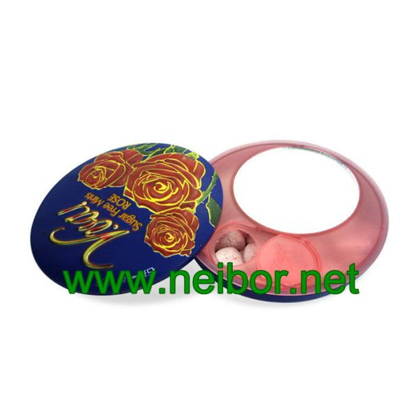 Food grade round mint tin box with plastic dispenser and mirror