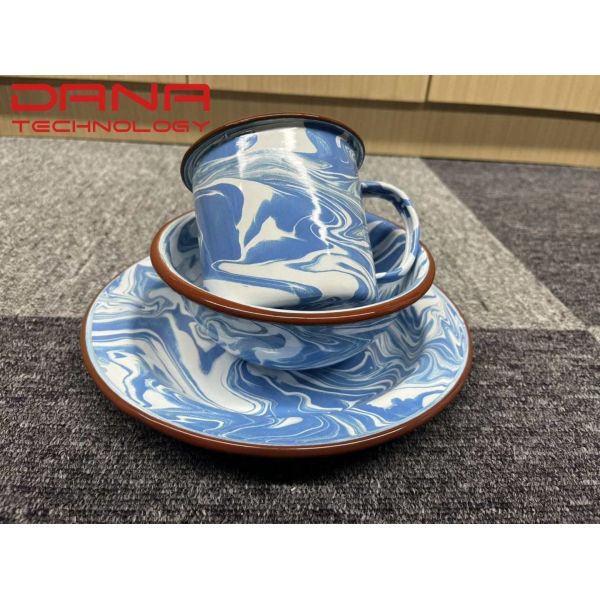 Speckle Marble Style Enamel Tableware Set Handmade Metal Plates Sets Dinnerware