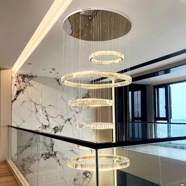 Hotel Lobby Crystal Ceiling Hanging Lamp , Staircase Round Ring Chandelier Pendant Light