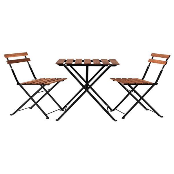 One Table And Two Chairs Set Outdoor Garden Wood Top Metal Frame Folding