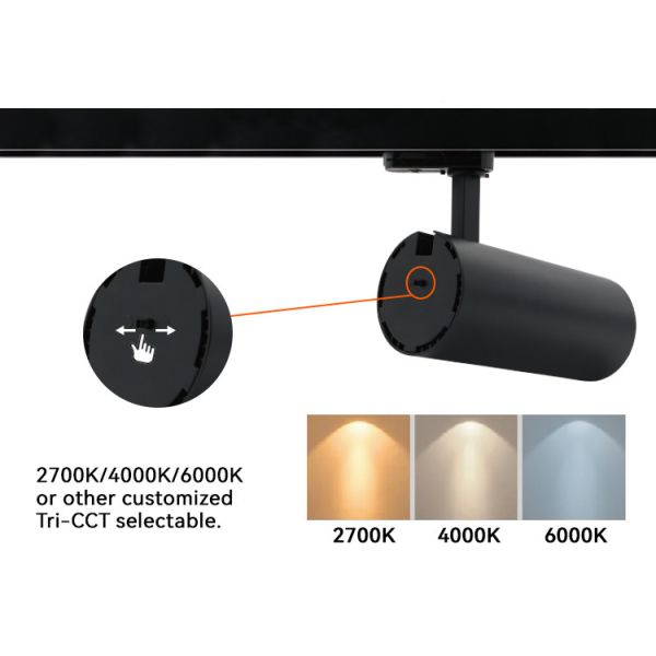 2700K 4000K 6000K Dimmable LED Track Lighting 3CCT Black Single Spotlight