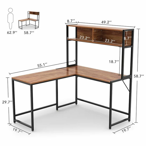 Customized Soho Solid Wood Gaming L Shape Desk with Metal Legs and Book Shelf Storage