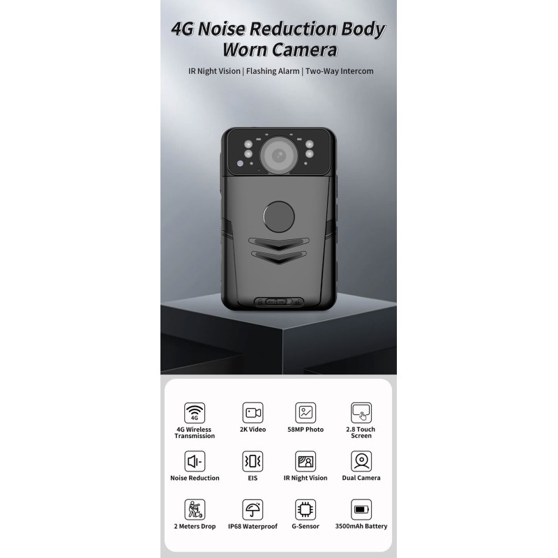Factory Price 4G Noise Reduction Body Worn Camera with EIS CMOS Camera IP68 Flash Alarm 2 Meters Drop G-Sensor Camera for Record