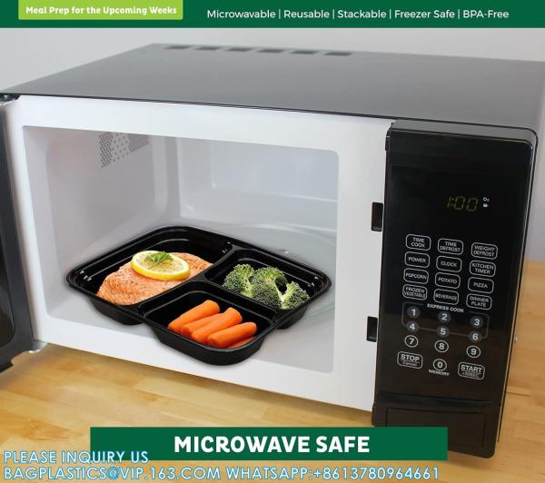 Packaging 3 Compartments Takeout Boxes Black Microwave Plastic Lunch Box Food Containers Wholesale