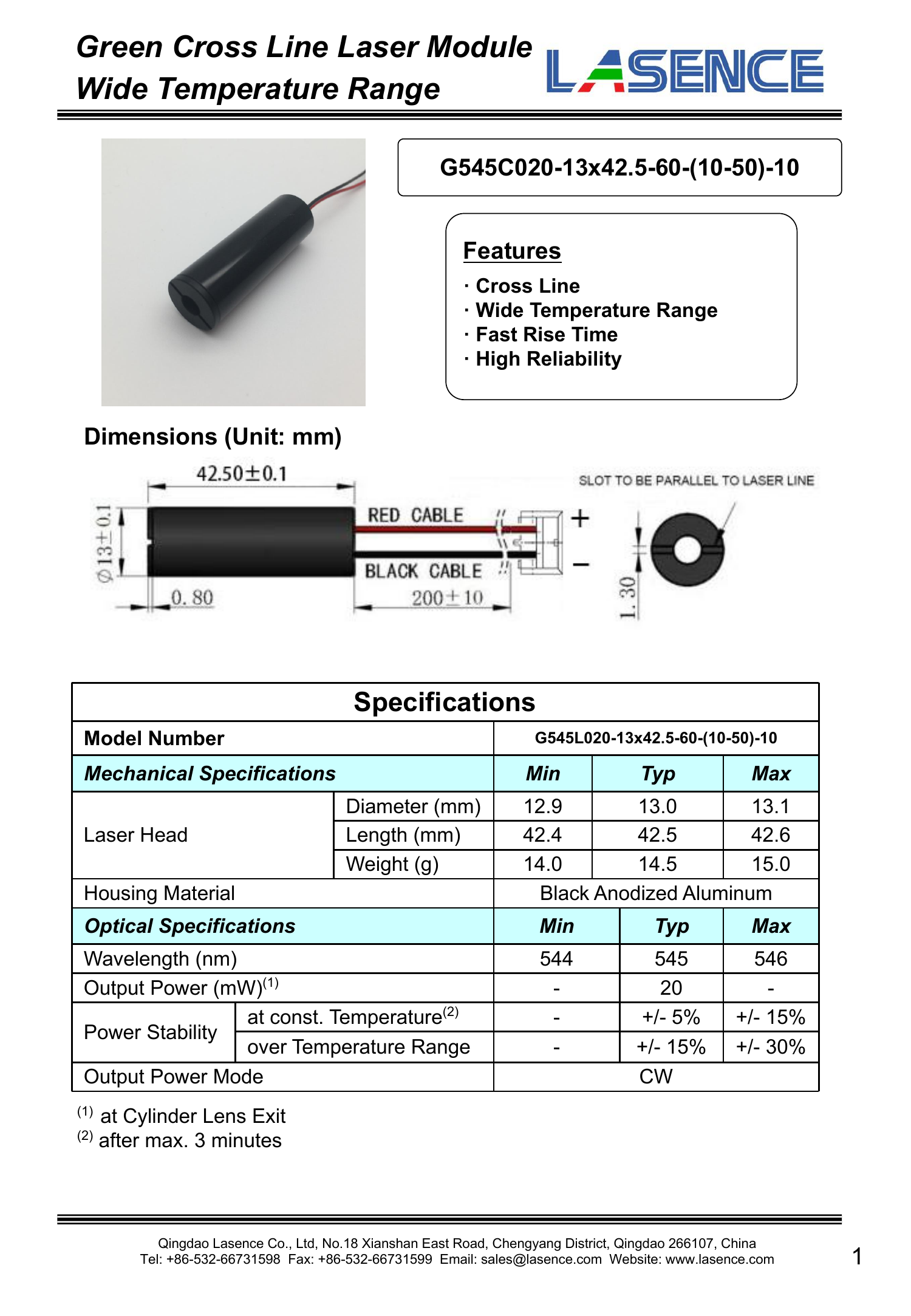 10mrad Beam Alignment Tolerance 15mW Green Laser Module with 1300-1400mm Hair Length