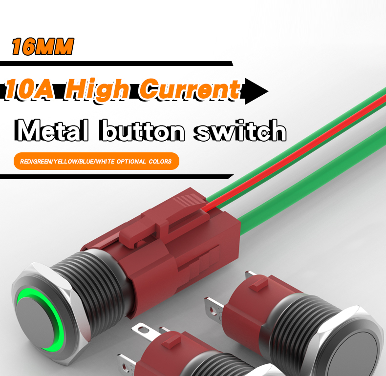 16mm Metal Button Switch 10A High Current LED Light Self-Locking and Self-Reset Button Switch High Power Black