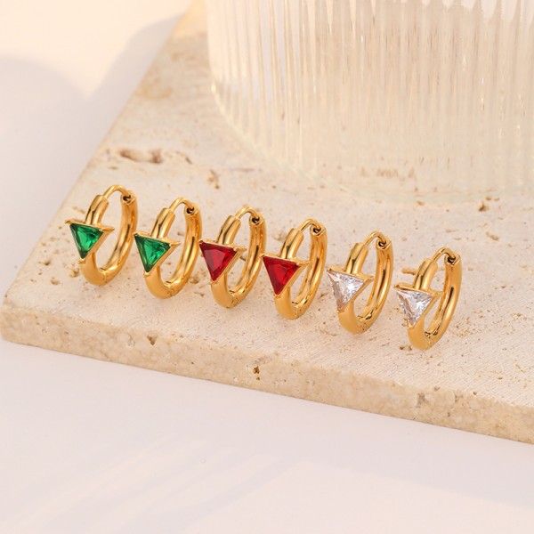 Stainless Steel Triangular Red and Green Transparent Zircon PVD 18K Gold Hoop Earrings for Women Jewelry Earrings