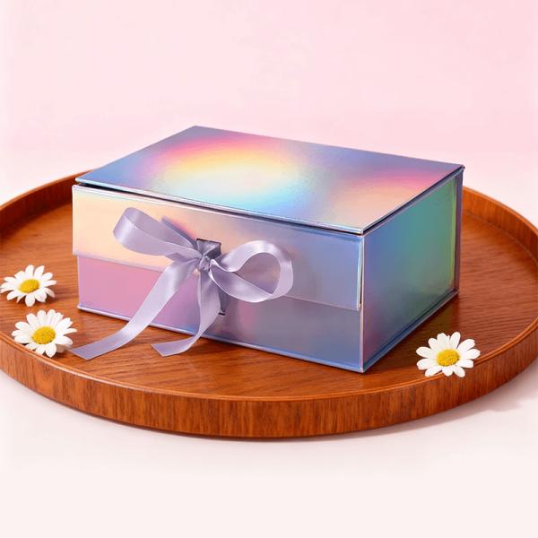 Caja de embalaje de regalo con tapa magnética abatible holográfica de lujo, hermosa, con cinta, materiales reciclados para calcetines
