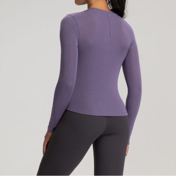 Long Sleeve Henley Top Yoga Activewear Soft Ribbed Fabric Taupe Color for Women