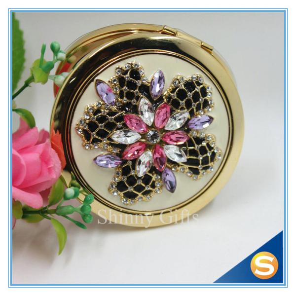 Shinny Gifts Luxury Rhinestone Flower Design Metal Compact Mirror Small Makeup Mirror For Girls Gift