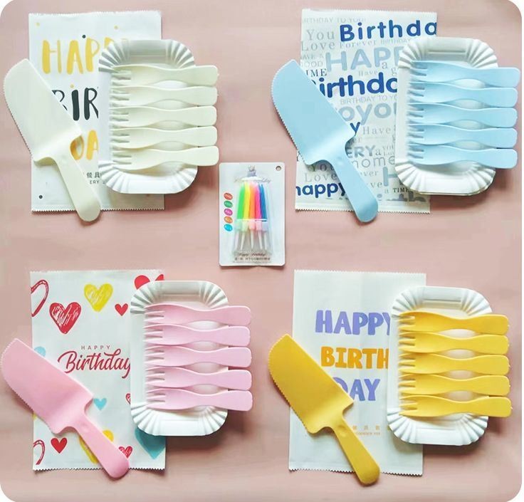 Plastic or Paper Bag Inner Package Birthday Cake Cutlery Set with Knife Fork and Plate