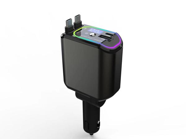 Chargeur de voiture à double port de 100 W avec 2 câbles USBC allongés et lumière LED pour appareils numériques Panneau en verre alliage d'aluminium