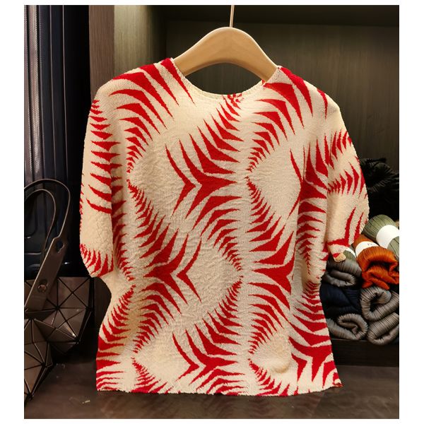 High-End Elegant Plus Size Casual Batwing Sleeve T-Shirt Printed Neck Irregular Design Light Luxury Summer Top Polyester Knitted